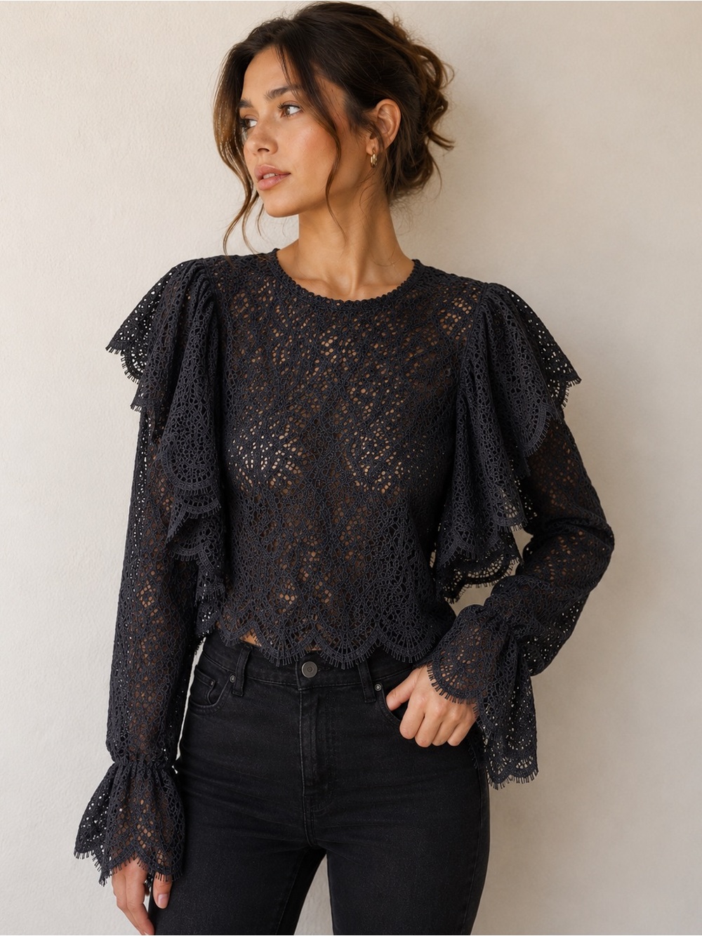 Zara Black Crochet Lace Ruffled Long-Sleeve Blouse